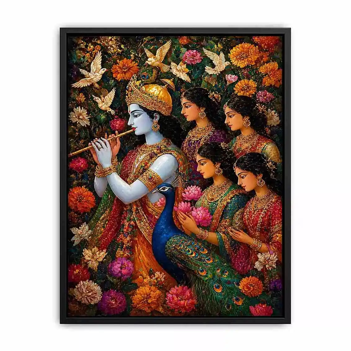 Krishna Garden Canvas Wall Art | Spiritual Indian Painting Print