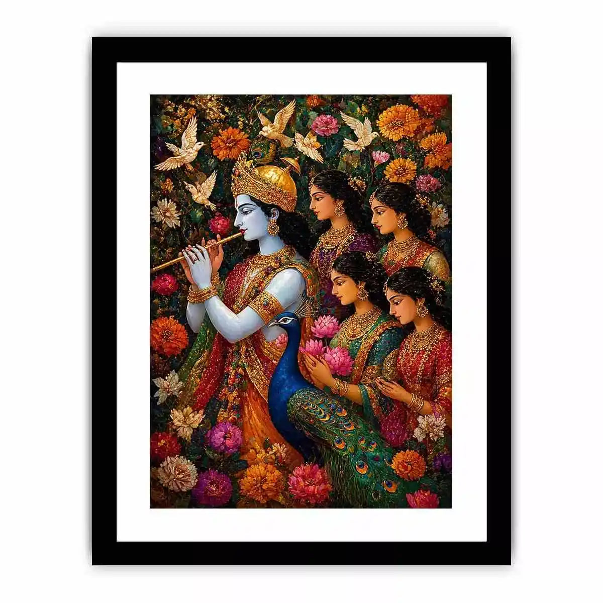 Krishna Garden Canvas Wall Art | Spiritual Indian Painting Print
