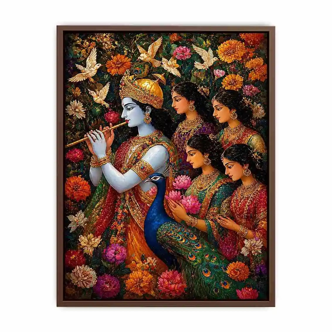 Krishna Garden Canvas Wall Art | Spiritual Indian Painting Print