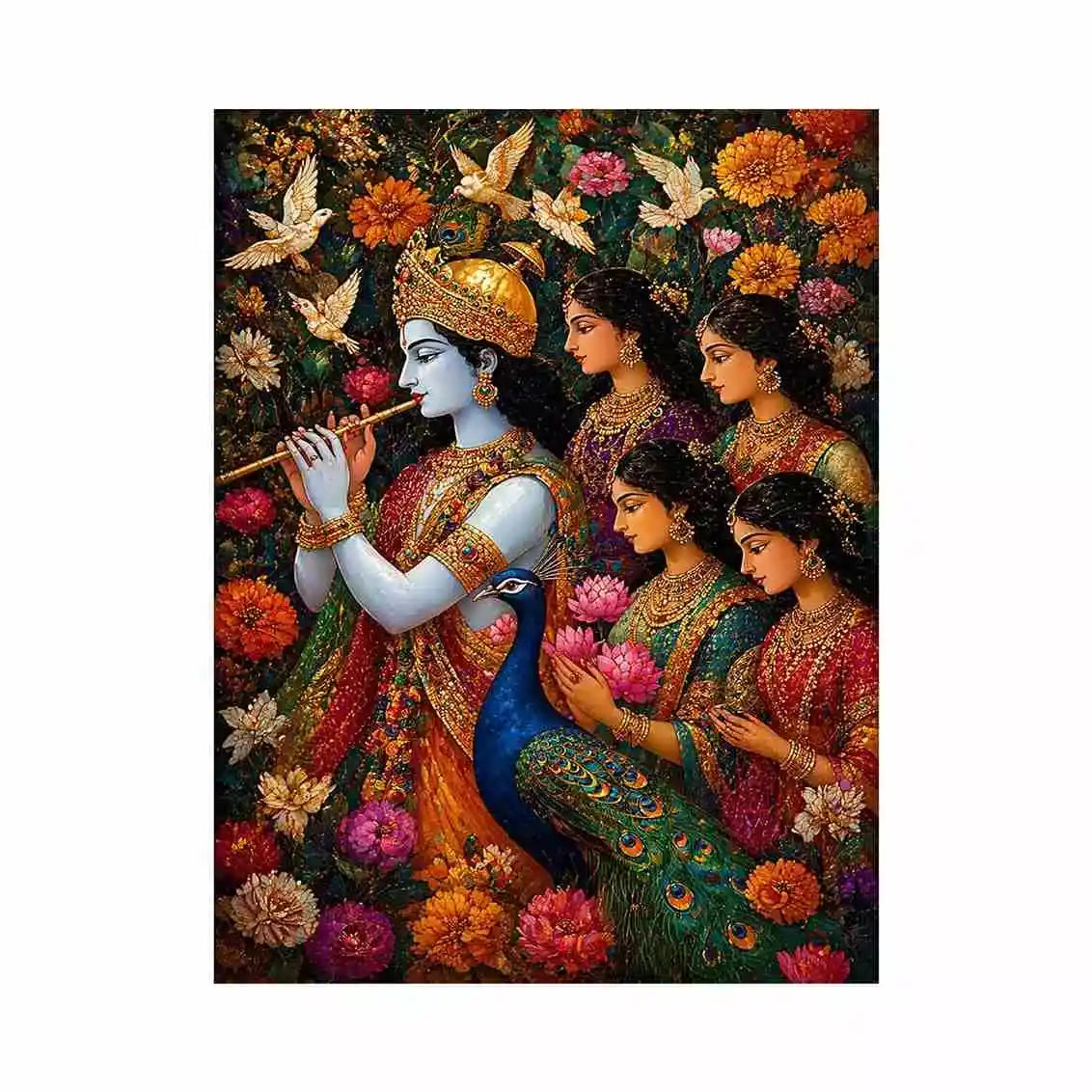 Krishna Garden Canvas Wall Art | Spiritual Indian Painting Print