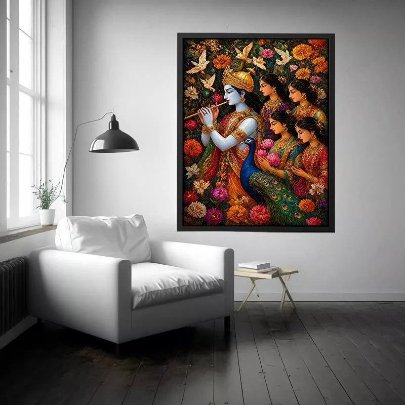 Krishna Garden Canvas Wall Art | Spiritual Indian Painting Print