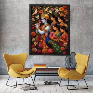 Krishna Garden Canvas Wall Art | Spiritual Indian Painting Print
