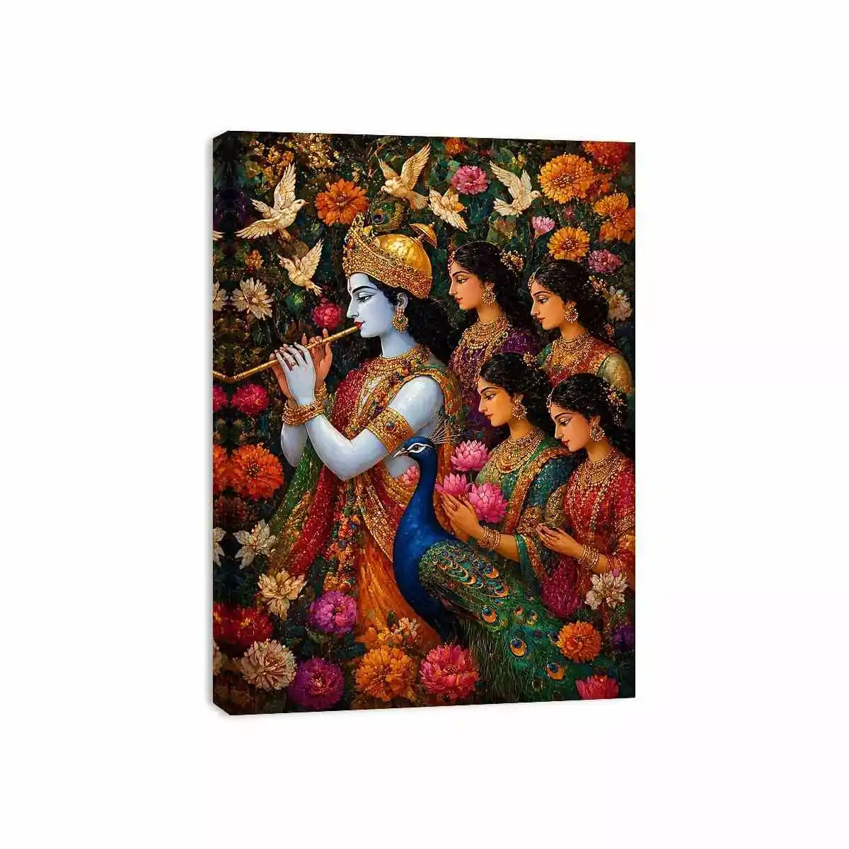 Krishna Garden Canvas Wall Art | Spiritual Indian Painting Print