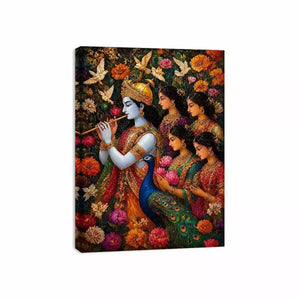 Krishna Garden Canvas Wall Art | Spiritual Indian Painting Print