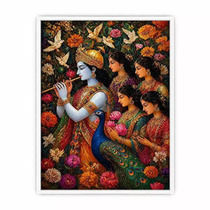 Krishna Garden Canvas Wall Art | Spiritual Indian Painting Print