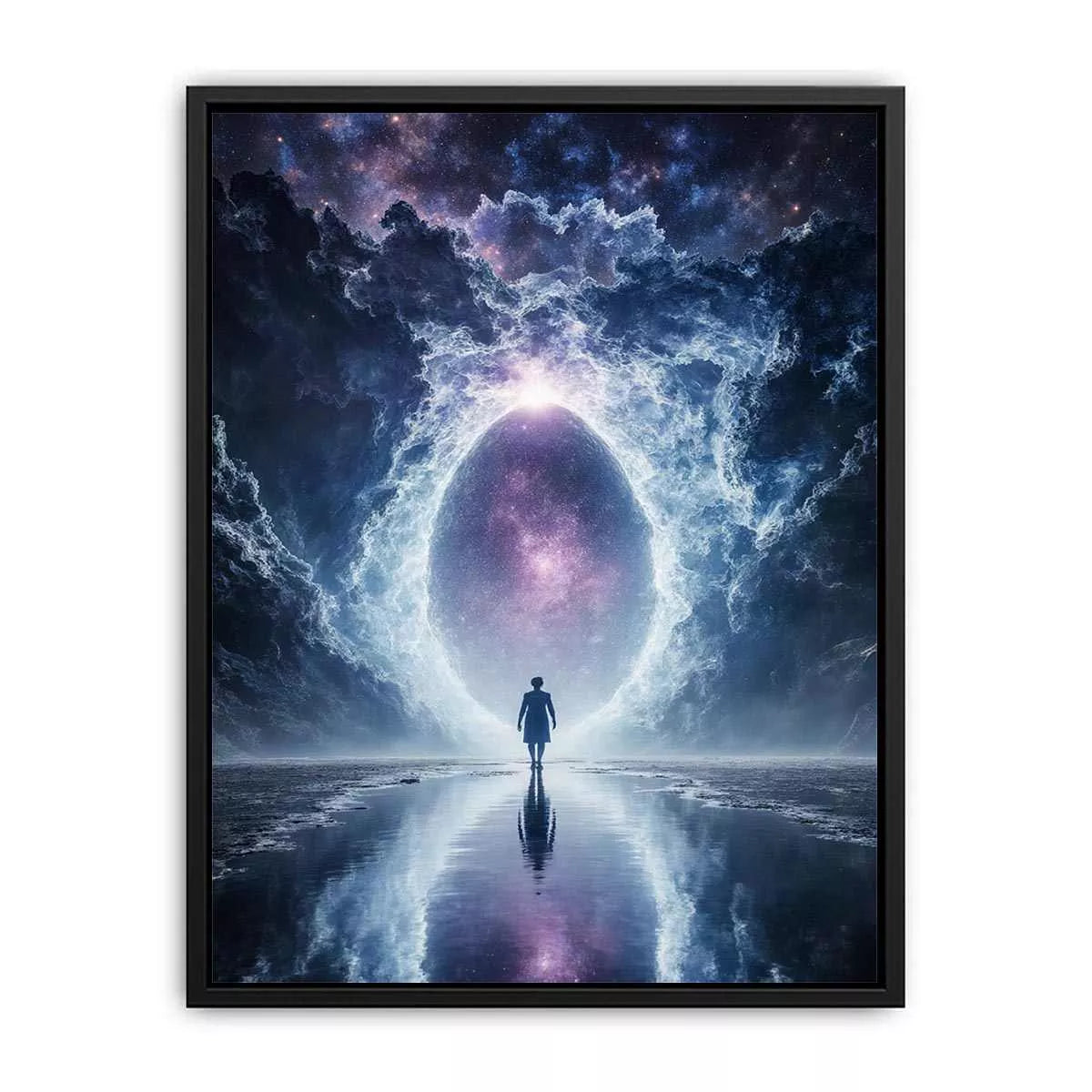 surreal cosmic portal wall art canvas with galaxy sky reflection and silhouette figure modern abstract decor
