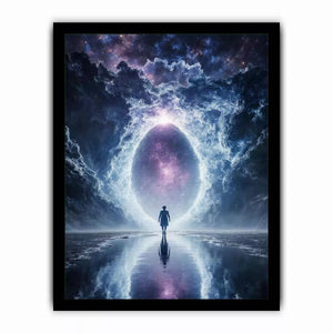 surreal cosmic portal wall art canvas with galaxy sky reflection and silhouette figure modern abstract decor