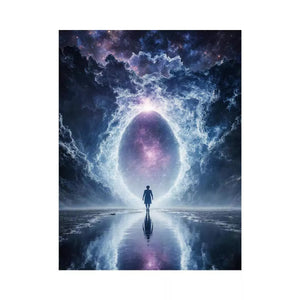 surreal cosmic portal wall art canvas with galaxy sky reflection and silhouette figure modern abstract decor