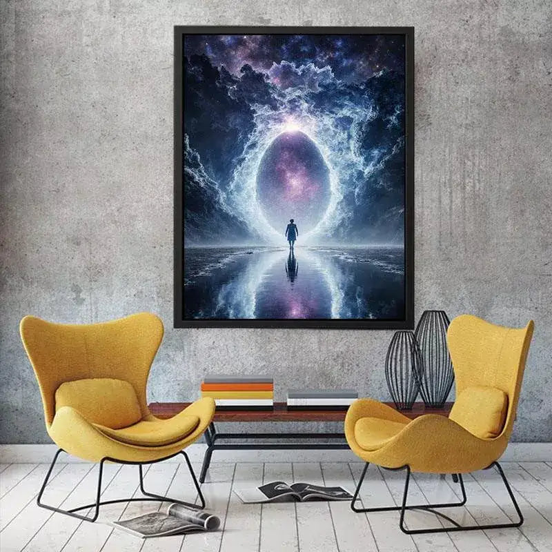 surreal cosmic portal wall art canvas with galaxy sky reflection and silhouette figure modern abstract decor
