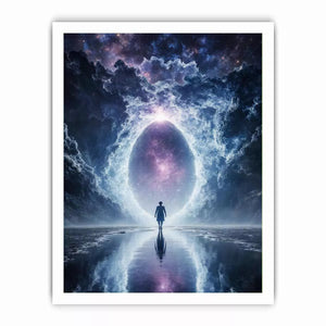 surreal cosmic portal wall art canvas with galaxy sky reflection and silhouette figure modern abstract decor
