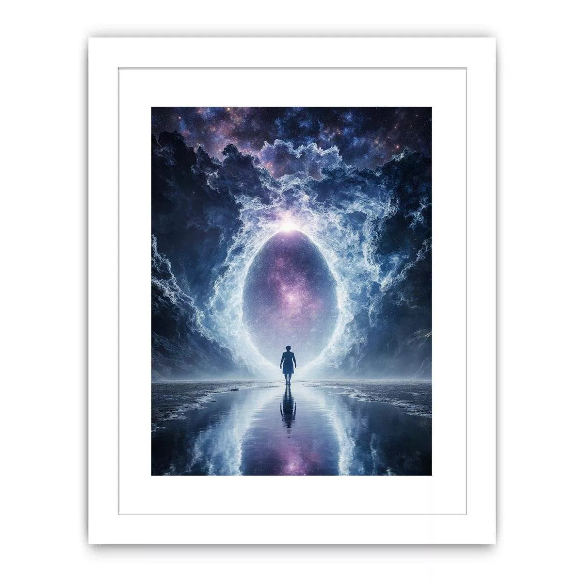 surreal cosmic portal wall art canvas with galaxy sky reflection and silhouette figure modern abstract decor