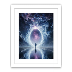 surreal cosmic portal wall art canvas with galaxy sky reflection and silhouette figure modern abstract decor