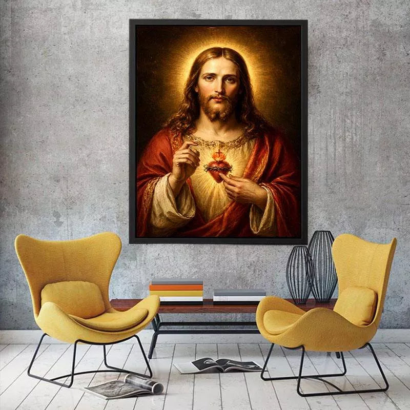 sacred heart jesus portrait wall art canvas with golden halo religious christian painting for home decor