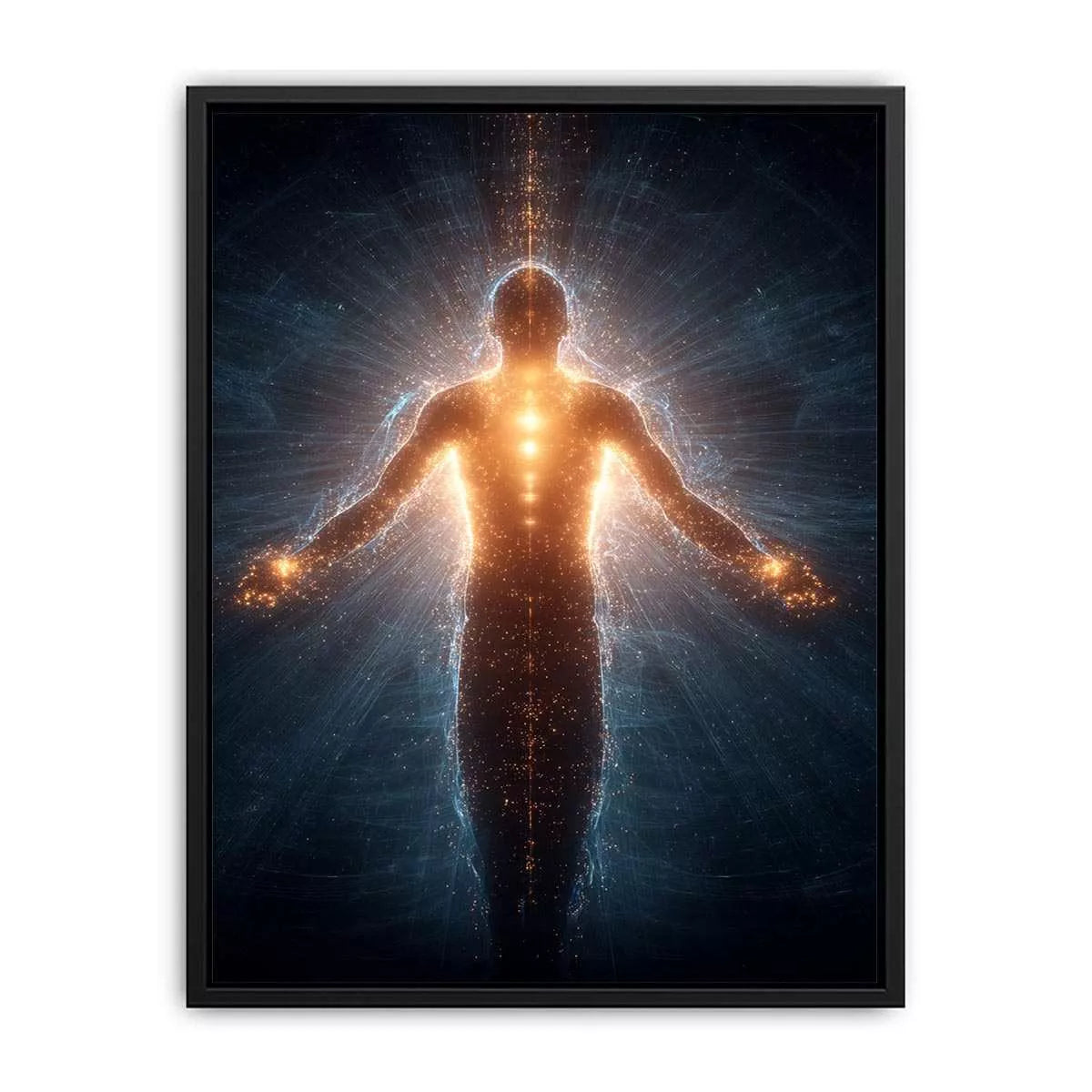 piritual energy body wall art canvas glowing human silhouette with golden aura meditation decor