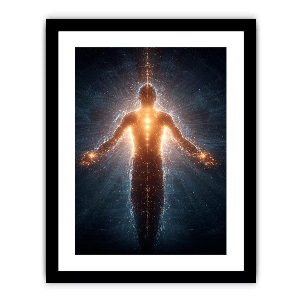 piritual energy body wall art canvas glowing human silhouette with golden aura meditation decor
