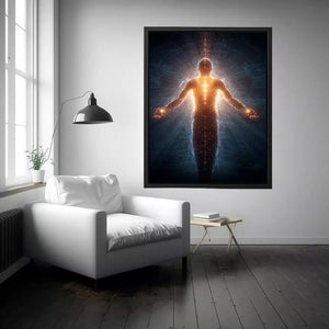 piritual energy body wall art canvas glowing human silhouette with golden aura meditation decor