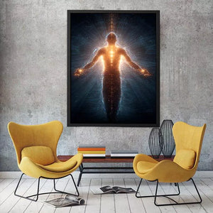 piritual energy body wall art canvas glowing human silhouette with golden aura meditation decor