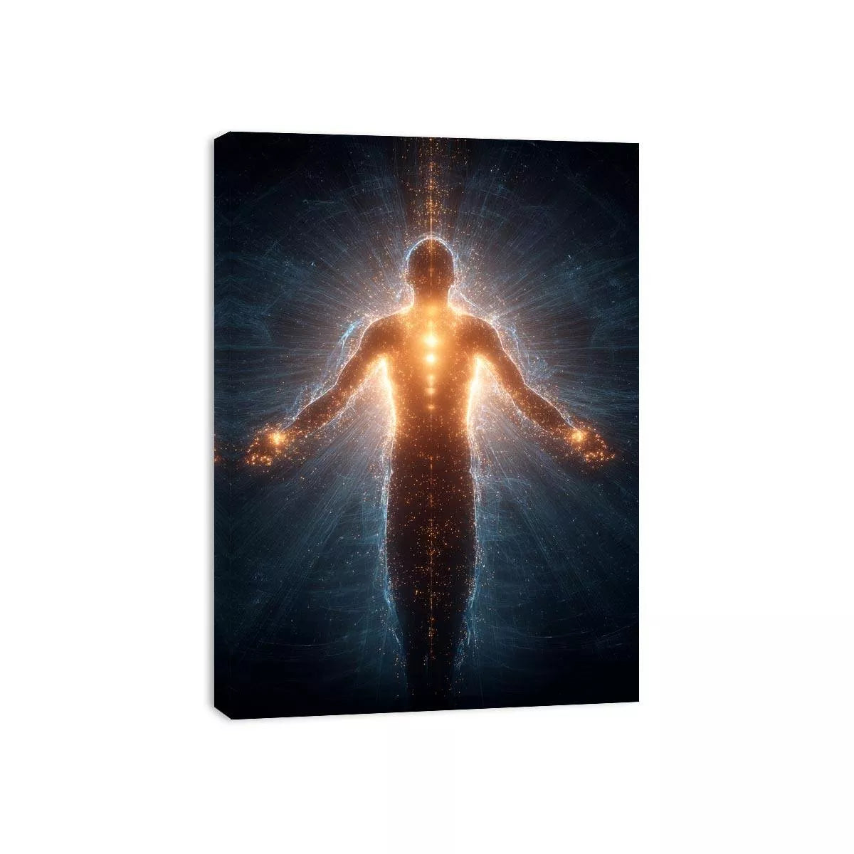 piritual energy body wall art canvas glowing human silhouette with golden aura meditation decor