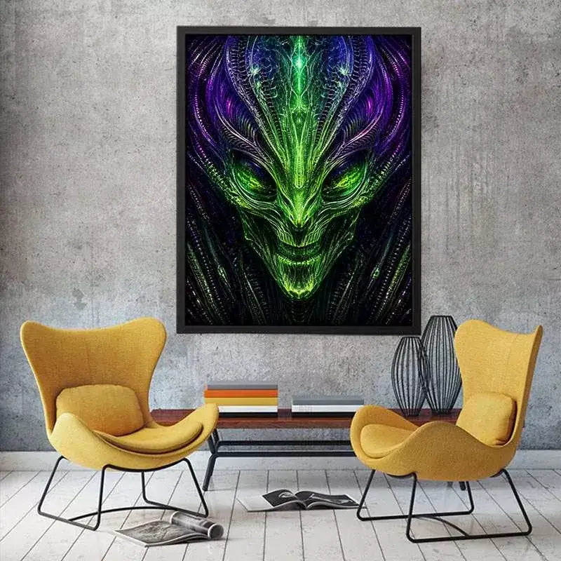 abstract alien wall art canvas futuristic green neon sci fi face fractal design modern decor