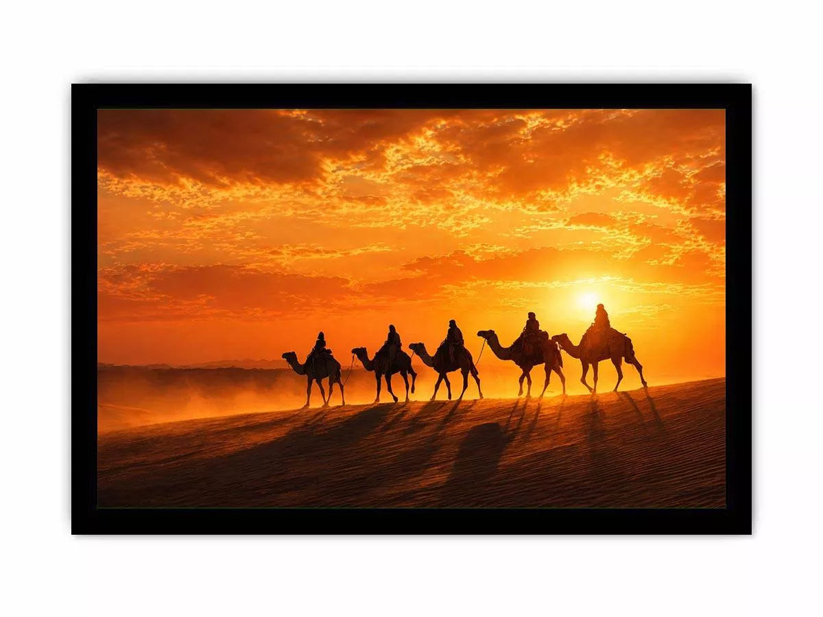 desert caravan wall art canvas camel silhouette sunset landscape minimal warm tones elegant decor