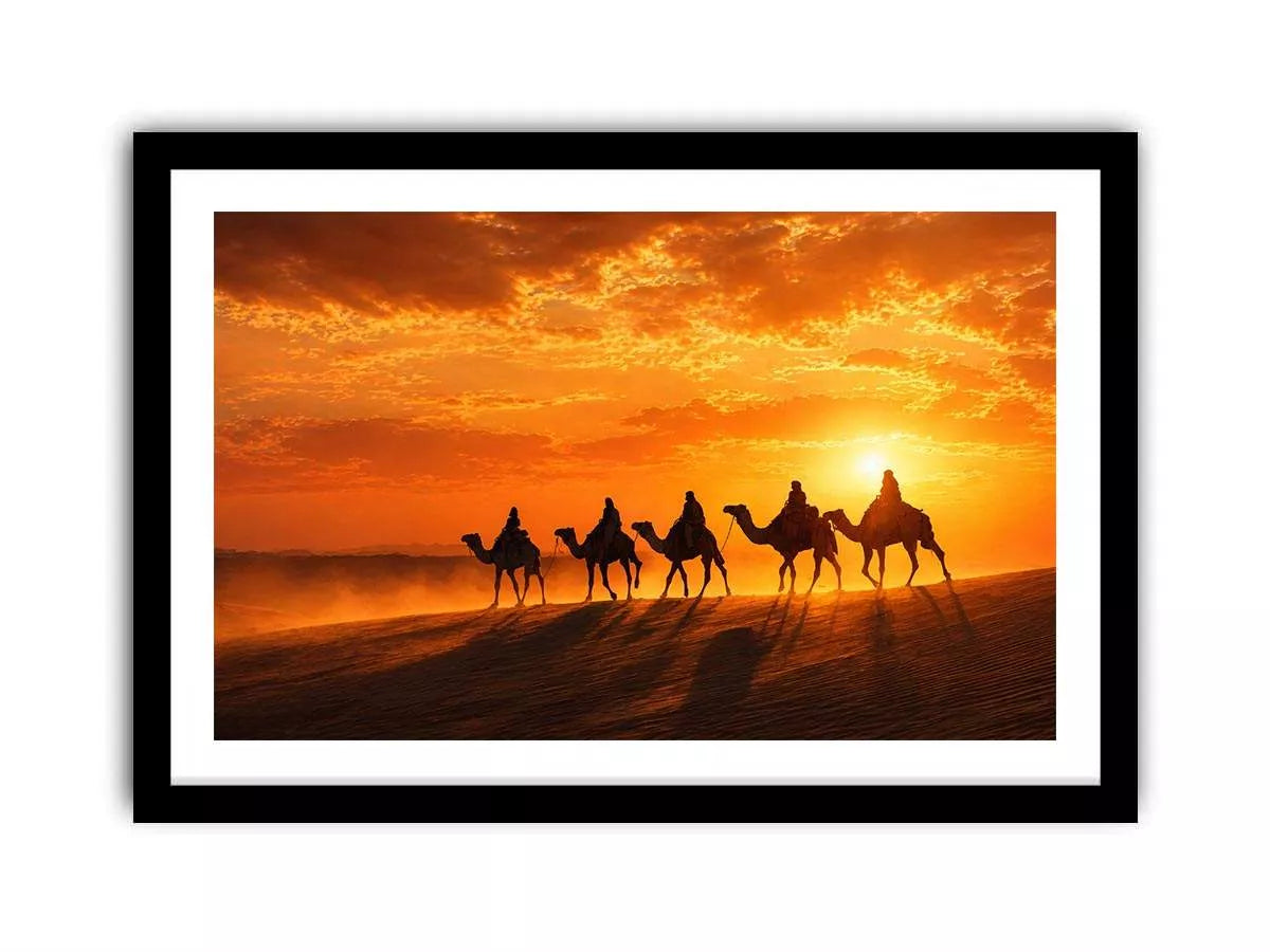desert caravan wall art canvas camel silhouette sunset landscape minimal warm tones elegant decor