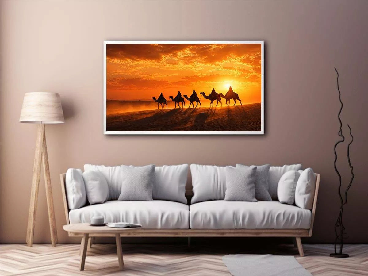 desert caravan wall art canvas camel silhouette sunset landscape minimal warm tones elegant decor