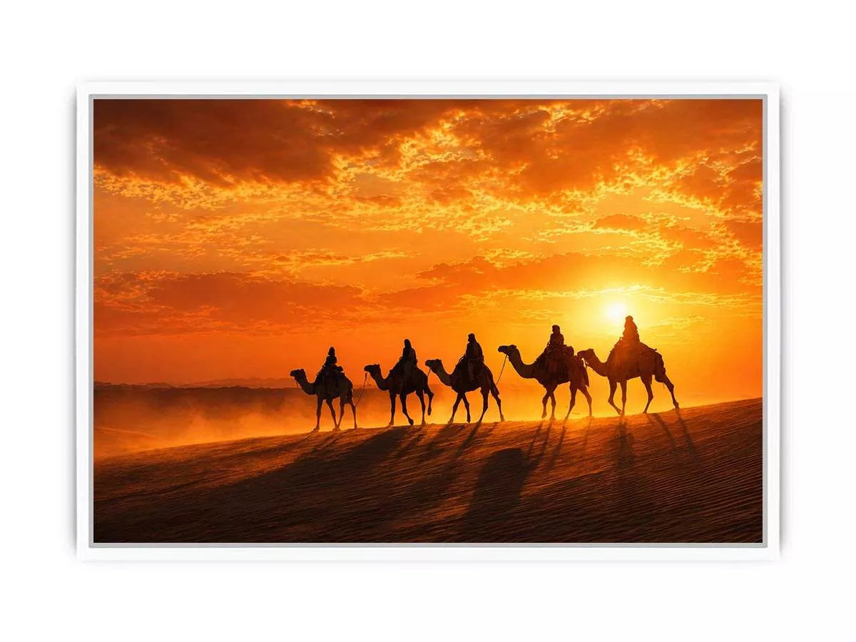 desert caravan wall art canvas camel silhouette sunset landscape minimal warm tones elegant decor
