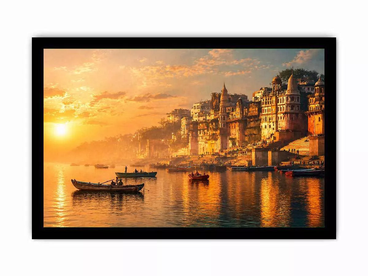 sunset and boat in the  Ganga river varanasi india