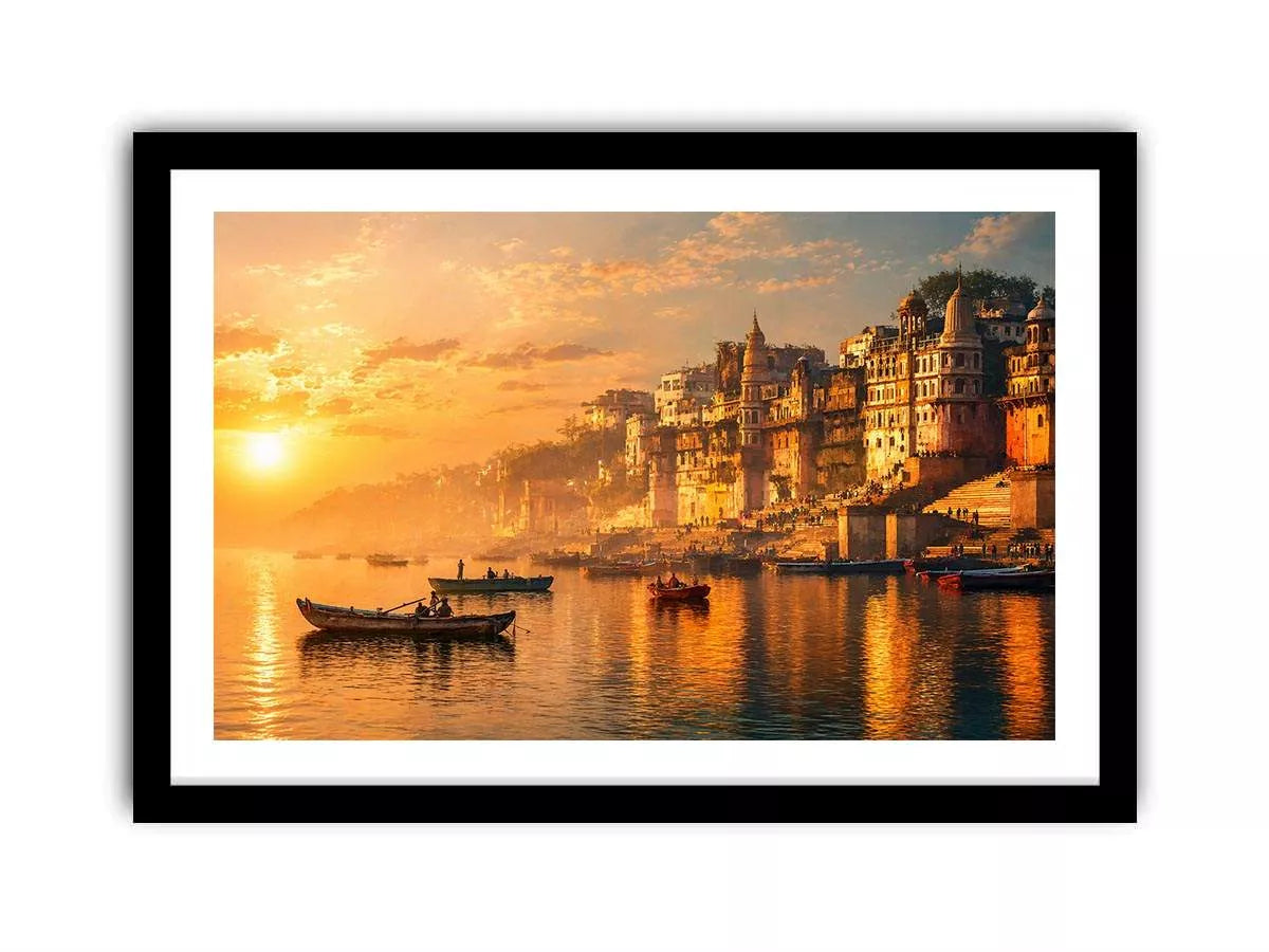 sunset and boat in the  Ganga river varanasi india