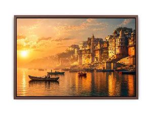 sunset and boat in the  Ganga river varanasi india