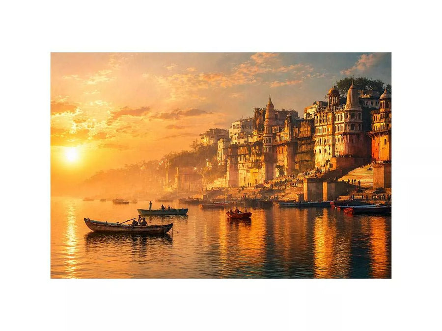 sunset and boat in the  Ganga river varanasi india