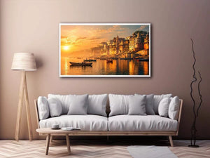 sunset and boat in the  Ganga river varanasi india
