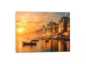 sunset and boat in the  Ganga river varanasi india