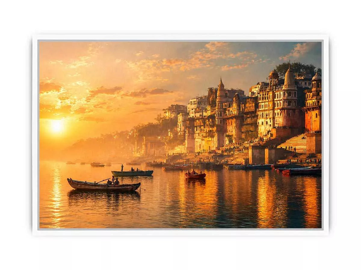 sunset and boat in the  Ganga river varanasi india