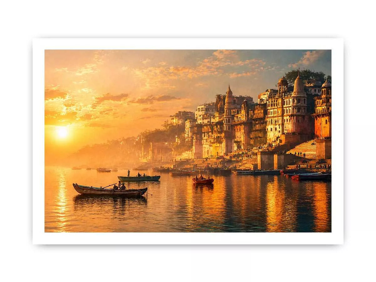 sunset and boat in the  Ganga river varanasi india