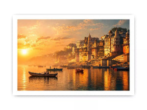 sunset and boat in the  Ganga river varanasi india