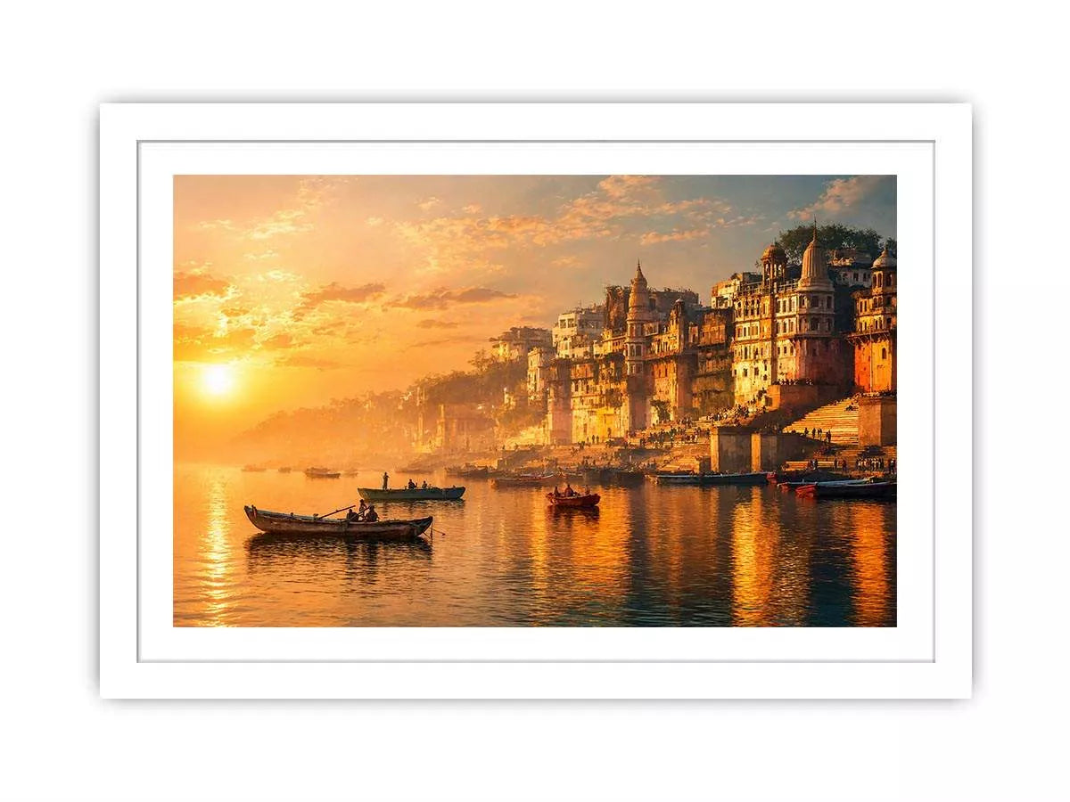 sunset and boat in the  Ganga river varanasi india