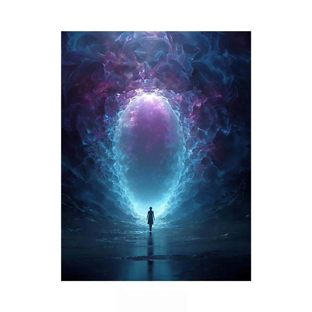 Surreal Cosmic Portal with Ethereal Light and Silhouette Figure – Sci Fi Wall Art Canvas
