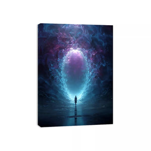Surreal Cosmic Portal with Ethereal Light and Silhouette Figure – Sci Fi Wall Art Canvas