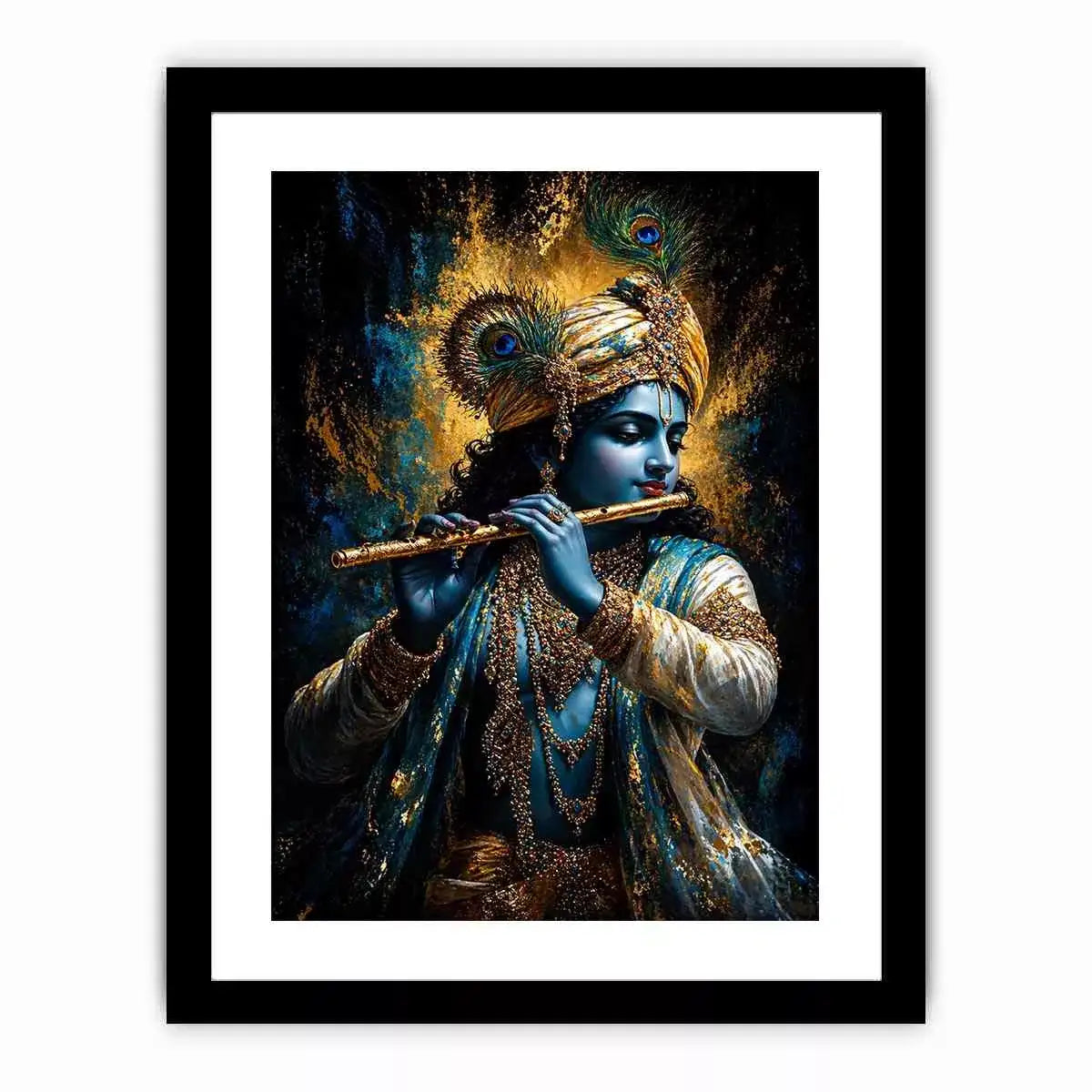 Classic Krishna Flute Portrait with Golden Ornament Detail – Spiritual Wall Art Canvas