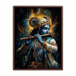 Classic Krishna Flute Portrait with Golden Ornament Detail – Spiritual Wall Art Canvas