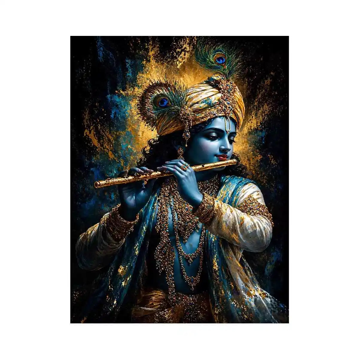 Classic Krishna Flute Portrait with Golden Ornament Detail – Spiritual Wall Art Canvas