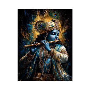 Classic Krishna Flute Portrait with Golden Ornament Detail – Spiritual Wall Art Canvas