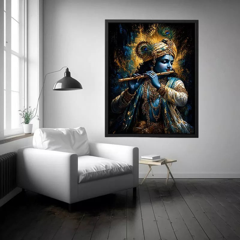 Classic Krishna Flute Portrait with Golden Ornament Detail – Spiritual Wall Art Canvas