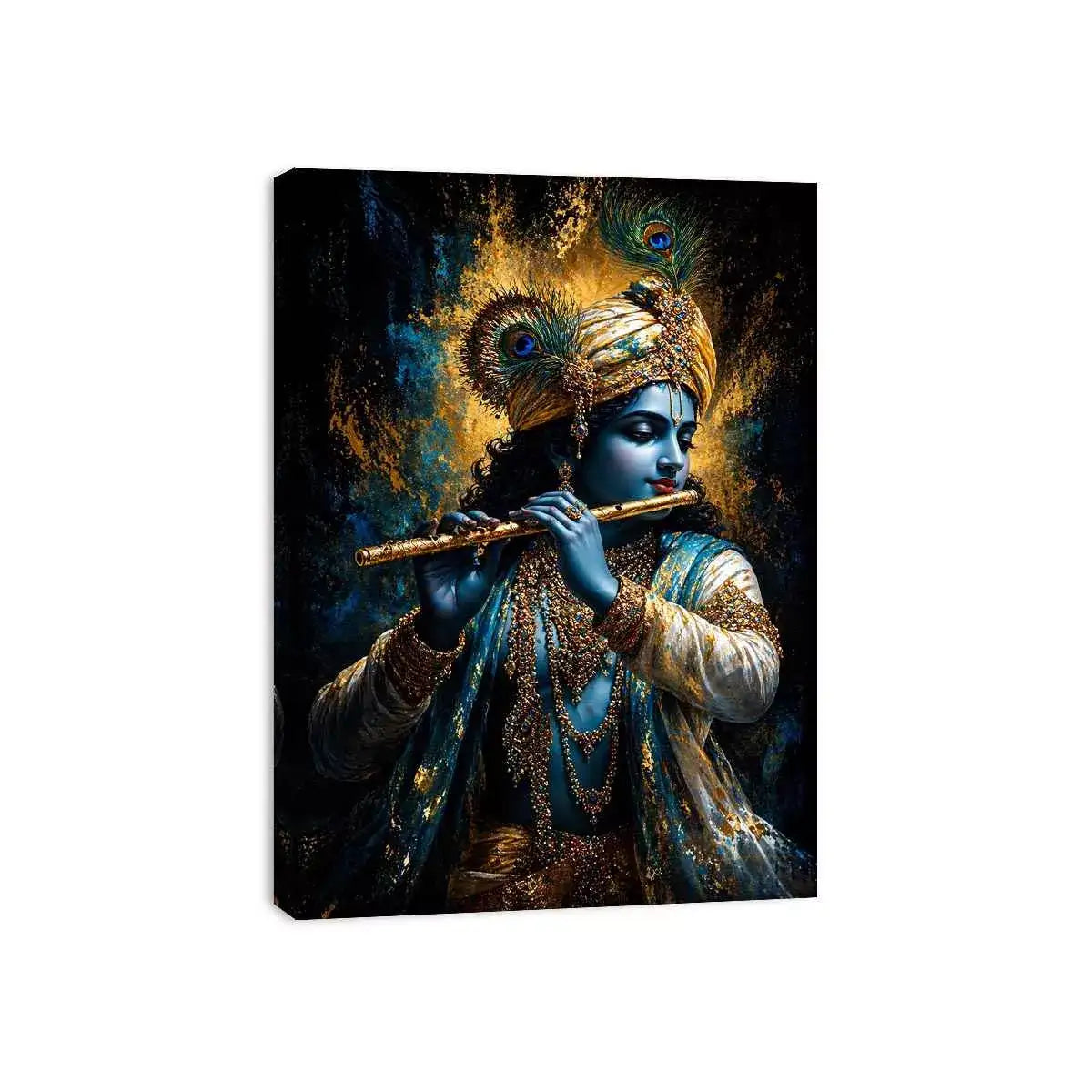 Classic Krishna Flute Portrait with Golden Ornament Detail – Spiritual Wall Art Canvas