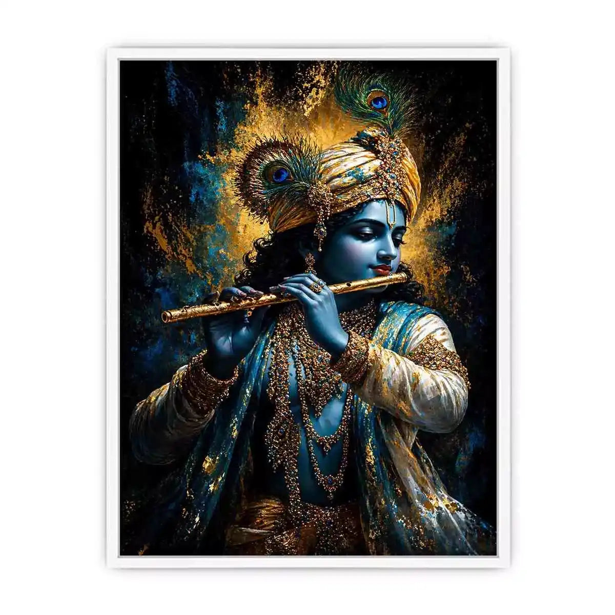 Classic Krishna Flute Portrait with Golden Ornament Detail – Spiritual Wall Art Canvas