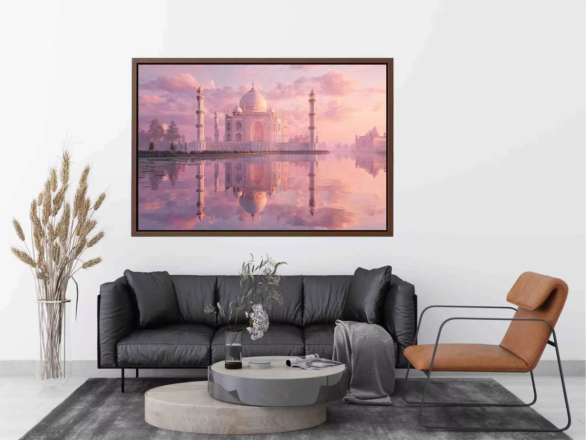 pastel taj mahal sunset wall art india luxury architecture canvas decor agra monument golden sky no reflection