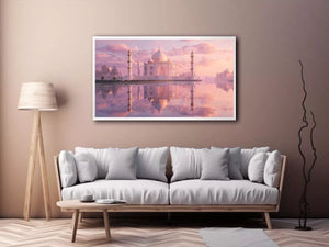 pastel taj mahal sunset wall art india luxury architecture canvas decor agra monument golden sky no reflection