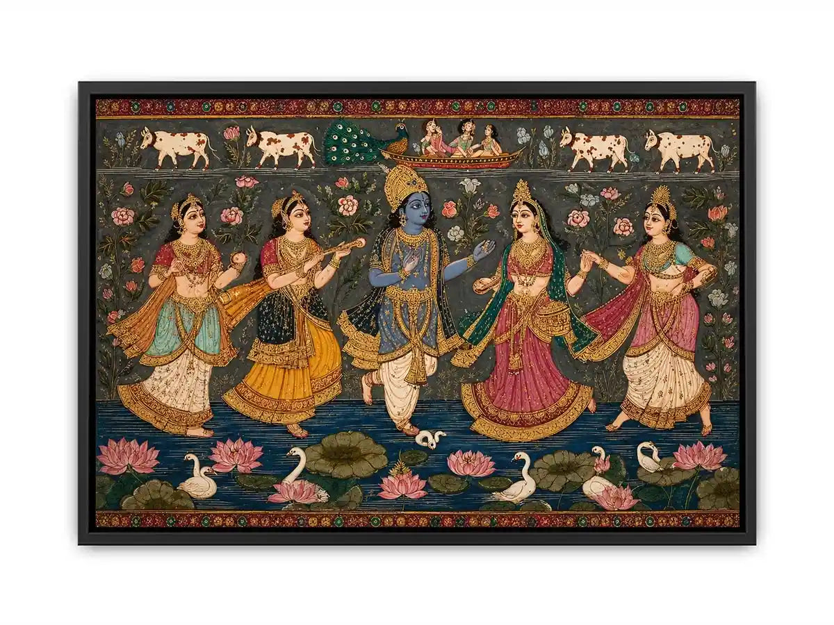 Indian miniature Krishna Raas Leela painting with gopis dancing, lotus pond, traditional spiritual wall art canvas for home decor