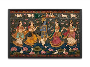 Indian miniature Krishna Raas Leela painting with gopis dancing, lotus pond, traditional spiritual wall art canvas for home decor